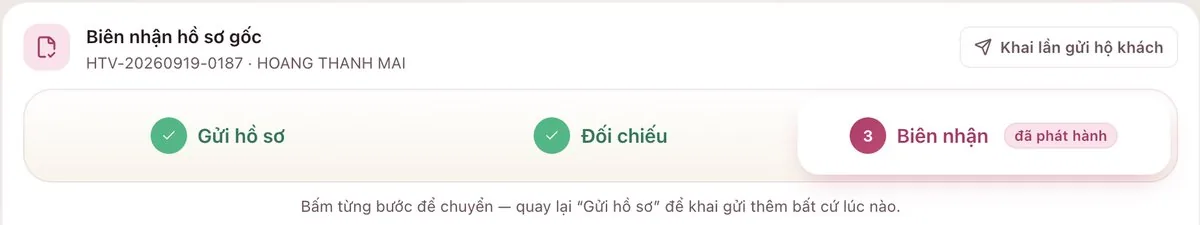 Các bước gửi, đối chiếu và phát hành biên nhận hồ sơ gốc